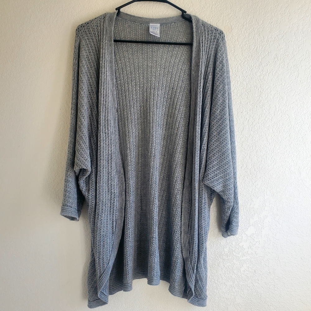 Time & Tru Open Cardigan Gray Loose Knit Elbow Sleeve Layering Church Office